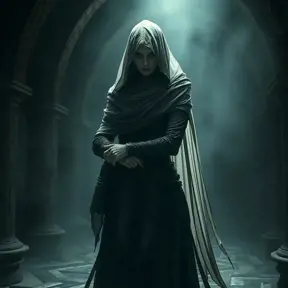 Full body portrait of a beautiful veiled armed female wraith in a dungeon, Gothic and Fantasy, Volumetric Lighting, Fantasy, Threatening by Greg Rutkowski