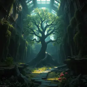 A Tree Of Life growing in the middle of overgrown ancient ruins indoors., 4k resolution, Hyper Detailed, Trending on Artstation, Volumetric Lighting, Concept Art, Digital Art, Fantasy, Dark by Greg Rutkowski