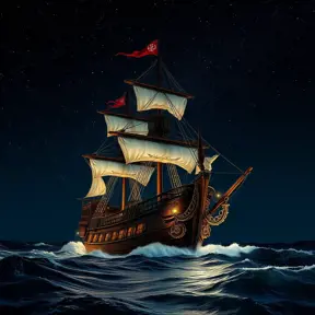 Close up of a Pirate Ship in rough seas on a dark starry night, Intricate, Ultra Detailed, Symmetry, Beautiful, Sharp Focus, Astrophotography, Centered, Volumetric Lighting