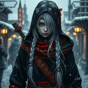 Mysterious beautiful white kunoichi ninja wearing black, red and gold in the streets of a dark snowy town in russia, 8k, Intricate Details, Trending on Artstation, White Hair
