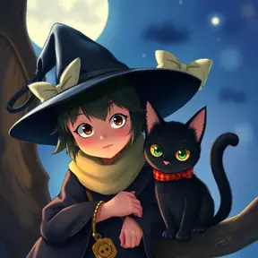 Kiki the witch and Jiji the cat, Highly Detailed, Beautiful, Digital Painting, Anime, Fantasy by Studio Ghibli