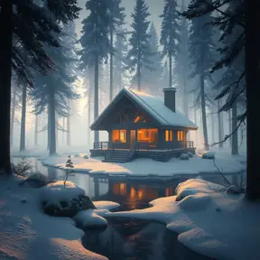 Futuristic cabin in the woods surrounded by a lake in winter, Atmospheric, Highly Detailed, Intricate, Trending on Artstation, Stunning, Realistic, Unreal Engine, Dynamic Lighting, Radiant, Fantasy by Greg Rutkowski