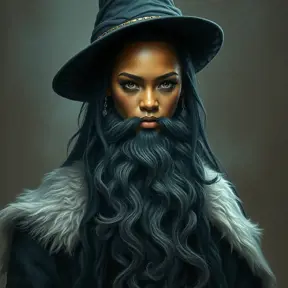 Rihanna as a wizard with a very long beard like Dumbledore, Intricate Artwork, Intricate Details, Half Body, Beautiful, Matte Painting, Sharp Focus, Portrait, Fantasy, Threatening by Stefan Kostic