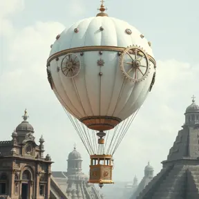 White steampunk hot air balloon with gears, Victorian style Ancient buildings, archeological ruins of lost civilizations and technology, Steampunk, Iridescence