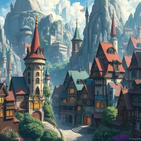 Buildings and homes of a maximalism fantasy city, Highly Detailed, Beautiful, Digital Painting, Anime, Fantasy by Studio Ghibli