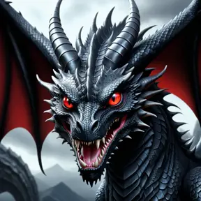 A black dragon with red eyes in 2d, Highly Detailed, Gothic and Fantasy, Horns, Large Eyes, Soft Details, Strong Jaw, Digital Illustration
