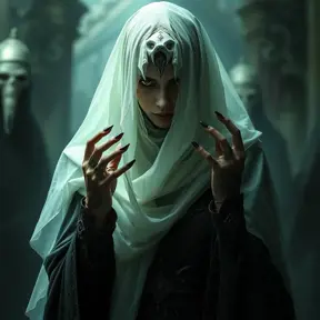 Veiled female necromancer, Gothic and Fantasy, Elden Ring, Photo Realistic, Dynamic Lighting by Stanley Artgerm Lau, Greg Rutkowski