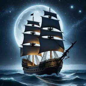 Close up of a Pirate Ship in rough seas on a dark starry night, Intricate, Ultra Detailed, Symmetry, Beautiful, Sharp Focus, Astrophotography, Centered, Volumetric Lighting by Stanley Artgerm Lau