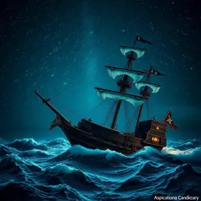 Close up of a Pirate Ship in rough seas on a dark starry night, Intricate, Ultra Detailed, Symmetry, Beautiful, Sharp Focus, Astrophotography, Centered, Volumetric Lighting