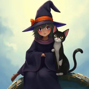 Kiki the witch and Jiji the cat, Highly Detailed, Beautiful, Digital Painting, Anime, Fantasy by Studio Ghibli