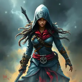 Kassandra from Assassin's Creed emerging from the fog of war, Highly Detailed, Vibrant Colors, Ink Art, Fantasy, Dark by Stanley Artgerm Lau