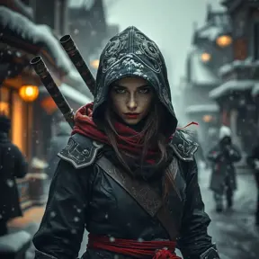 Mysterious beautiful white kunoichi ninja wearing black, red and gold in the streets of a dark snowy town in russia, Intricate Details, Photo Realistic by Greg Rutkowski