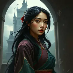 Matte portrait of Mulan inside a castle, Ultra Detailed, Half Body, Beautiful, Matte Painting, Sharp Focus, Portrait, Fantasy by Stefan Kostic