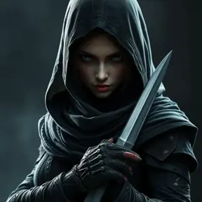 Full body portrait of a Veiled female Assassin with daggers, Highly Detailed, Dark Souls, Volumetric Lighting, Fantasy, Threatening