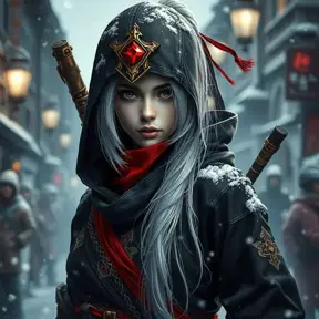 Mysterious beautiful white kunoichi ninja wearing black, red and gold in the streets of a dark snowy town in russia, 8k, Intricate Details, Trending on Artstation, White Hair by Greg Rutkowski
