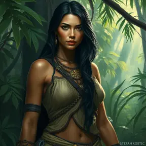 Pocahontas in the jungle, Ultra Detailed, Half Body, Beautiful, Matte Painting, Sharp Focus, Portrait, Fantasy by Stefan Kostic