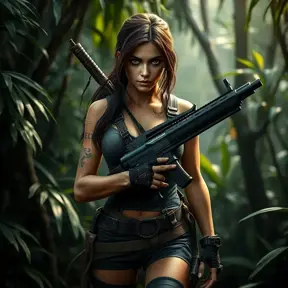 Full body portrait of a beautiful armed Lara Croft in the jungle, Highly Detailed, Intricate, Sharp Focus, Volumetric Lighting, Fantasy, Elegant, Threatening by Stefan Kostic