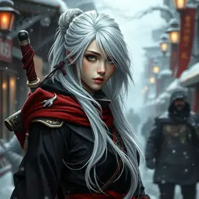 Mysterious beautiful white kunoichi ninja wearing black, red and gold in the streets of a dark snowy town in russia, 8k, Intricate Details, Trending on Artstation, White Hair by Stanley Artgerm Lau