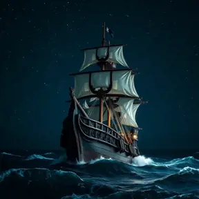 Close up of a Pirate Ship in rough seas on a dark starry night, Intricate, Ultra Detailed, Symmetry, Beautiful, Sharp Focus, Astrophotography, Centered, Volumetric Lighting