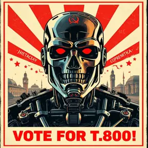 terminator for president, intricate soviet propaganda poster, Cyrillic text, Boris kriukov, vote for T800, sharp focus, text at bottom, Cyrillic, no blur, terminator t800, Dystopian, Highly Detailed, Intricate Details, Post-Apocalyptic, Psychedelic, Retro-Futurism, Soviet Poster, Digital Painting, Poster, Propaganda Poster, Artgerm by Beeple, Alex Grey, Alphonse Mucha