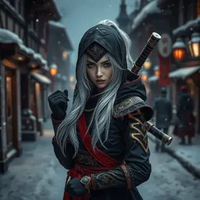 Mysterious beautiful white kunoichi ninja wearing black, red and gold in the streets of a dark snowy town in russia, Intricate Details, White Hair, Photo Realistic