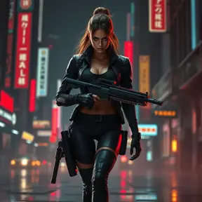 full body shot, armed beautiful woman walking with detailed eyes, dynamic pose, athletic , Cybernatic and Sci-Fi, Cyberpunk, Cityscape, Blade Runner 2049, Neon light effect, Neon, Futurism, Threatening by Stefan Kostic