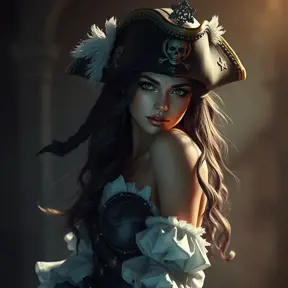 A beautiful female Pirate, Intricate, Half Body, Realistic, Volumetric Lighting, Fantasy, Elegant by Stanley Artgerm Lau