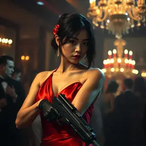 A dangerously armed asian feme fatale in silk red dress at a masquerade ball, Cyberpunk, Sci-Fi, Photo Realistic