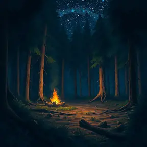 matte painting of a camp fire in the forest at night, Highly Detailed, Beautiful, Digital Painting, Anime, Fantasy by Studio Ghibli