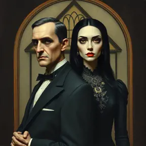 American Gothic with Gomez and Morticia Addams, Intricate Artwork, Intricate Details, Half Body, Beautiful, Matte Painting, Sharp Focus, Portrait, Fantasy, Threatening by Stefan Kostic