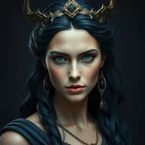 Matte portrait of the beautiful Artemis in dark blue, Highly Detailed, Intricate, Realistic, Sharp Focus, Volumetric Lighting, Fantasy, Elegant