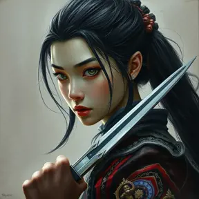 Mulan, Intricate Artwork, Intricate Details, Half Body, Beautiful, Matte Painting, Sharp Focus, Portrait, Fantasy, Threatening by Stefan Kostic