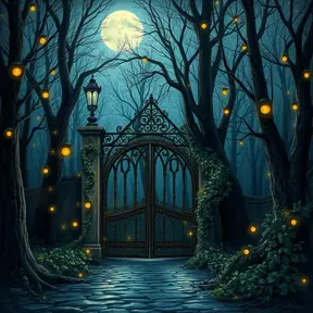 A beautiful digital illustration painting of a detailed gothic fantasy fireflies forest trees and iron gate cobblestone pathway vines full moon, Artstation, Digital Illustration, Concept Art