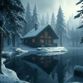 Futuristic cabin in the woods surrounded by a lake in winter, Atmospheric, Highly Detailed, Intricate, Trending on Artstation, Stunning, Realistic, Unreal Engine, Dynamic Lighting, Radiant, Fantasy by Greg Rutkowski