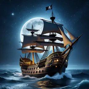 Close up of a Pirate Ship in rough seas on a dark starry night, Intricate, Ultra Detailed, Symmetry, Beautiful, Sharp Focus, Astrophotography, Centered, Volumetric Lighting by Stanley Artgerm Lau