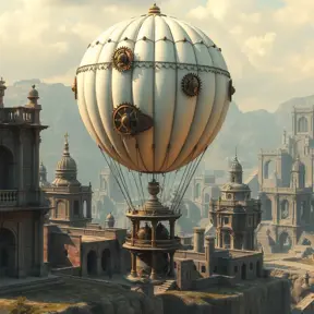 White steampunk hot air balloon with gears, Victorian style Ancient buildings, archeological ruins of lost civilizations and technology, Steampunk, Iridescence by Stanley Artgerm Lau