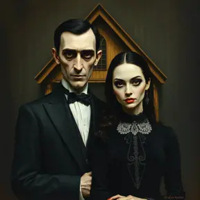 American Gothic with Gomez and Morticia Addams, Intricate Artwork, Intricate Details, Half Body, Beautiful, Matte Painting, Sharp Focus, Portrait, Fantasy, Threatening by Stefan Kostic