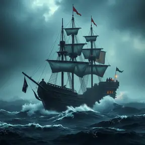 The pirates of Caribbean on the Black pearl pirate ship in rough seas, Volumetric Lighting, Dark