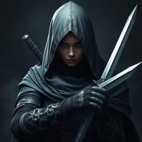 Full body portrait of a Veiled female Assassin with daggers, Highly Detailed, Dark Souls, Volumetric Lighting, Fantasy, Threatening