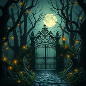 A beautiful digital illustration painting of a detailed gothic fantasy fireflies forest trees and iron gate cobblestone pathway vines full moon, 8k, Artstation, Digital Illustration, Concept Art by Justin Gerard, James Gurney