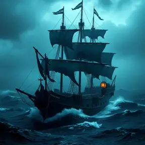 The pirates of Caribbean on the Black pearl pirate ship in rough seas, Volumetric Lighting, Dark