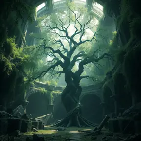 A Tree Of Life growing in the middle of overgrown ancient ruins indoors., 4k resolution, Hyper Detailed, Trending on Artstation, Volumetric Lighting, Concept Art, Digital Art, Fantasy, Dark by Greg Rutkowski