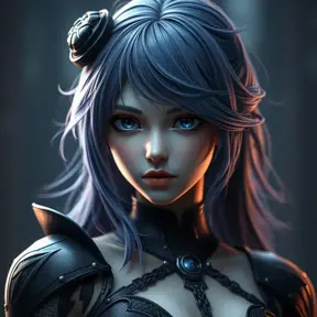 Matte portrait of the beautiful 2B from Nier Automata in dark blue, Highly Detailed, Intricate, Realistic, Sharp Focus, Volumetric Lighting, Fantasy, Elegant