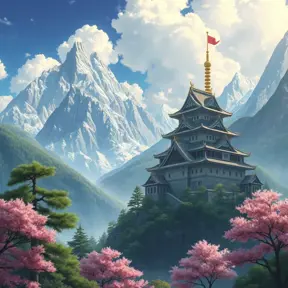 Landscape of a large japanese castle in the tall mountains, with matsu pine trees, with sakura cherry trees, Highly Detailed, Beautiful, Digital Painting, Anime, Fantasy by Studio Ghibli