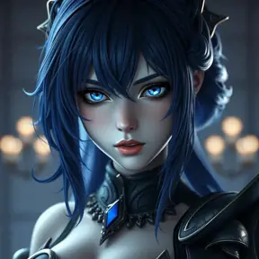 Matte portrait of the beautiful 2B from Nier Automata in dark blue, Highly Detailed, Intricate, Realistic, Sharp Focus, Volumetric Lighting, Fantasy, Elegant