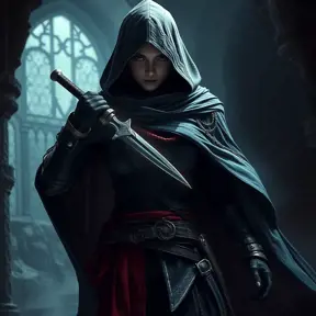 Full body matte portrait of a veiled female Assassin with daggers in a dungeon, Highly Detailed, Gothic and Fantasy, Volumetric Lighting, Fantasy, Threatening by Greg Rutkowski