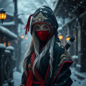 Mysterious beautiful white kunoichi ninja wearing black, red and gold in the streets of a dark snowy town in russia, Intricate Details, Photo Realistic