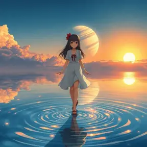 Anime girl walking on water, ripples, backdrop of dawn, saturn in the background, Highly Detailed, Beautiful, Digital Painting, Anime, Fantasy by Studio Ghibli
