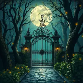 A beautiful digital illustration painting of a detailed gothic fantasy fireflies forest trees and iron gate cobblestone pathway vines full moon, Artstation, Digital Illustration, Concept Art