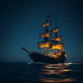 Pirate Ship in high seas on a dark starry night, Intricate, Ultra Detailed, Symmetry, Beautiful, Sharp Focus, Astrophotography, Centered, Volumetric Lighting